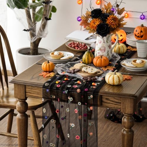 Artoid Mode Black Embroidery Daisy Gauze Table Runner 120 Inch 10FT - Image 3
