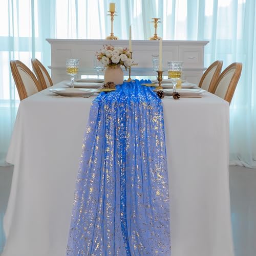 Royal Blue Gold Table Runner Glitter Decorations Sheer Gauze 10 Ft - Image 5