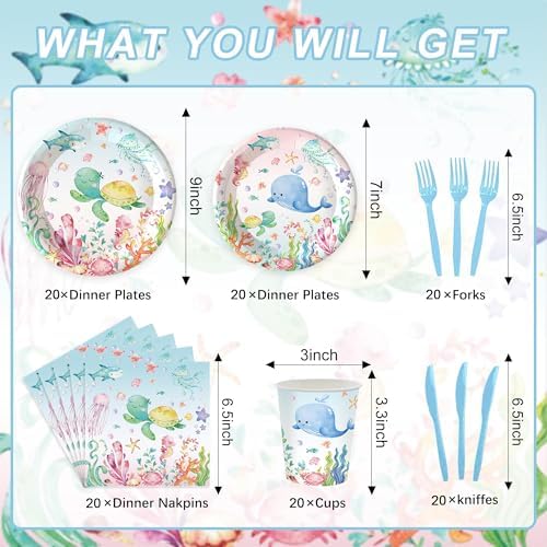 120PCS Under the Sea Party Supplies for Ocean Theme Baby Shower Birthday Party Underwater World Creatures Decorations Ocean Sea Animal Plate Cup Napkin Knives Forks for 20 Guests - Image 2