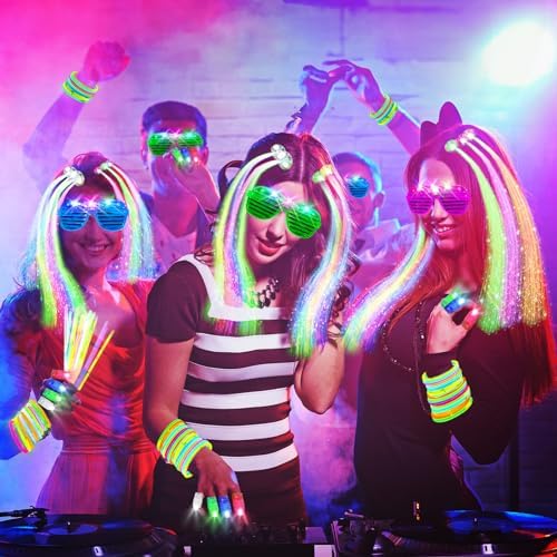 SHQDD 158 PCS Glow in the Dark Party Supplies, 14PCS LED Glasses, 30LED Finger Lights,14LED Light Hairs and 100PCS Glow Sticks Bracelets, Neon Party Favors for Wedding, Concert, 4th of july, Halloween - Image 6