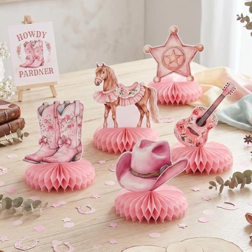 12 Pcs Cowgirl Baby Shower Decorations for Girl - Western Cowgirl Party Supplies - Pink Rodeo Boots Hat Horse Centerpieces for Tables - Cowgirl Honeycomb Table Decor for Baby Shower and 1st Birthday - Image 4