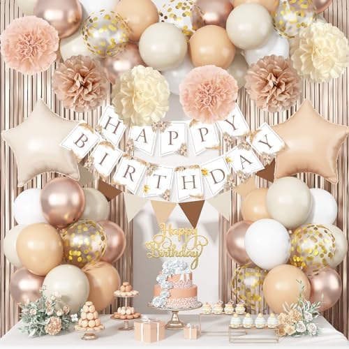 Beige Brown Birthday Decorations for Women, Gold Neutral Cream Sand White Party Balloon Kit with Boho Happy Birthday Banner Fringe Curtain Background Pom Pom Cake Topper for Boy Girl Men Bday Supplies by Jobkoo