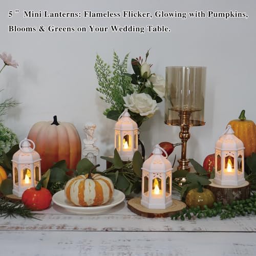 LLQ 8 Pcs Mini Lantern Decor Moroccan Lantern with Flickering LED Candle Table Centerpiece Small Vintage Wedding Hanging Lamp Ornaments Bulk for Wedding Halloween Christmas Party (5 Inch,White) - Image 6