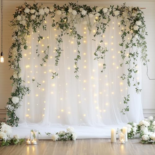 Tulle Backdrop Curtain with Lights 10x8FT White Sheer Tulle Curtains by Xiomot