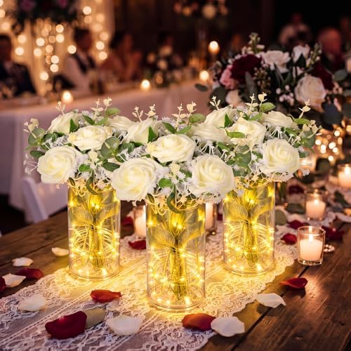 Domensi Set of 6 LED Lighted Floral Table Centerpieces, Faux Roses, Eucalyptus & Baby's Breath in Acrylic Vase, Glowing Rustic Wedding Decor for Bridal Shower, Party & Dining Table(White) - Image 6