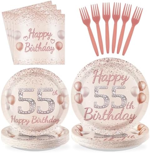 96 Pcs Rose Gold 55th Birthday Party Supplies, Serves 24 by Greencian