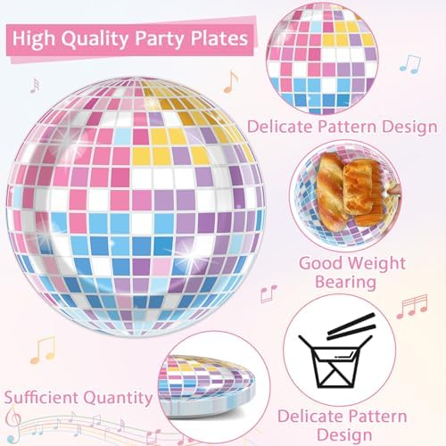 96Pcs Disco Ball Party Decorations Singer Plates and Napkins Colorful Disco Ball Dessert Plates Music Themed Birthday Tableware for 24 Guests Music Lover Birthday Wedding Anniversary Party Supplies - Image 3