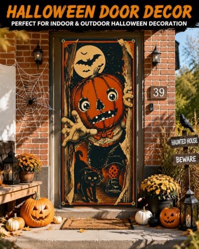 Halloween Pumpkin Character Door Banner 35.4 x 78.7 Inch Polyester Door Cover, Vintage Pumpkin Entrance Decoration with Black Cat for Front Door Porch Entryway Seasonal Home Decor - Image 5
