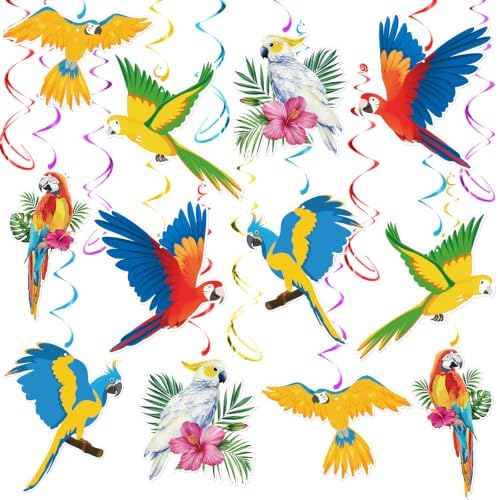 30 Pcs Tropical Birds Decorations, Hawaiian Toucan Parrot Hanging Swirl Foil Ceiling Decor for Hawaiian Luau Tiki Bar Jungle Rainforest Summer Beach Pool Party Supplies by PartyGarden