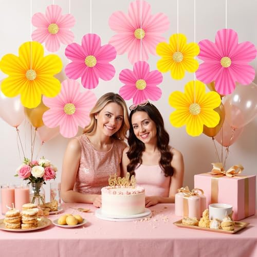 Pink and Yellow Party Decorations 9PCS Paper Flowers Decorations for Wall - Image 4