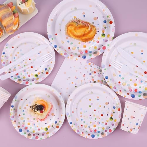 Colorful Birthday Plates and Napkins 168PCS Happy Birthday Party Plates Set for Holiday Party Supplies Bubble Decorations,Confetti Colorful Paper Plates Disposable Tableware Serve 24 - Image 6