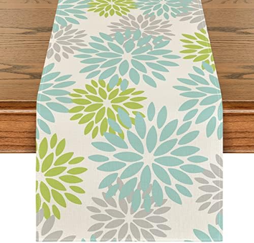 Artoid Mode Green Dahlia Floral Pinnata Summer Table Runner, Spring Kitchen Dining Table Decoration for Home Party Decor 13x72 Inch by ArtoidMode