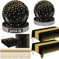 QZYL 122 Pcs Black and Gold Plates and Napkins, Black Plates Disposable for Party, Golden Birthday Tableware Serves 30, Gold Dots Retirement Party Supplies with Plate, Napkin, Fork and Tablecloth by QZYL