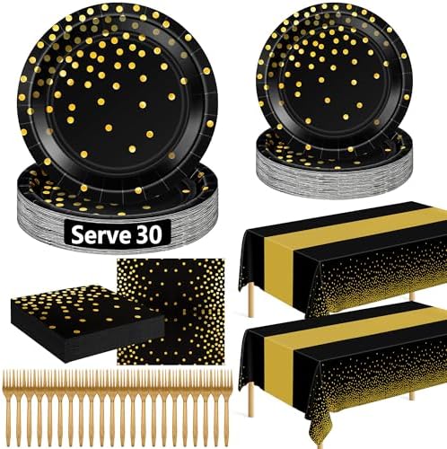 QZYL 122 Pcs Black and Gold Plates and Napkins, Black Plates Disposable for Party, Golden Birthday Tableware Serves 30, Gold Dots Retirement Party Supplies with Plate, Napkin, Fork and Tablecloth by QZYL