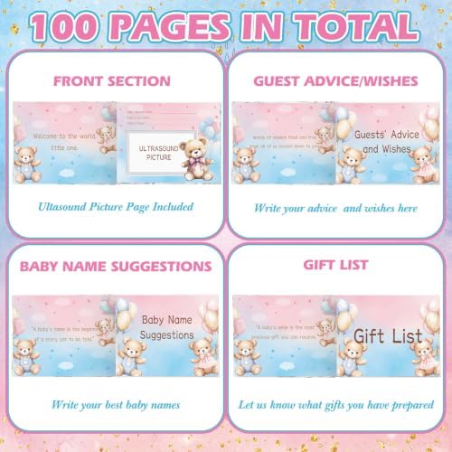 Fuyoooo 27 Pcs Gender Reveal Guest Book Set Blue Pink Bear with Gold Pen - Image 4