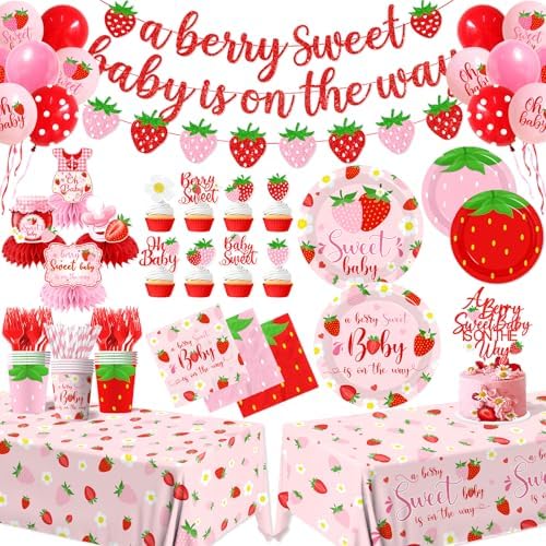 Strawberry Baby Shower Decorations for Girls, 190Pcs A Berry Sweet Baby is on the Way Party Supplies with Plates, Napkins, Cups, Banner, Tablecloth, Balloons, Cake Toppers, Honeycombs Serve 24 by Pymurod
