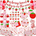 Strawberry Baby Shower Decorations for Girls, 190Pcs A Berry Sweet Baby is on the Way Party Supplies with Plates, Napkins, Cups, Banner, Tablecloth, Balloons, Cake Toppers, Honeycombs Serve 24 by Pymurod