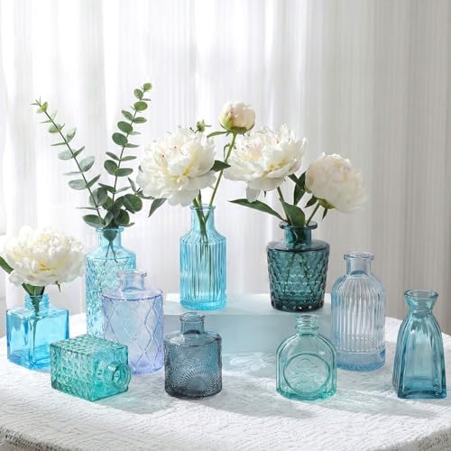 Set of 15 Blue Glass Bud Vases Small Textured Flower Vases - Image 6