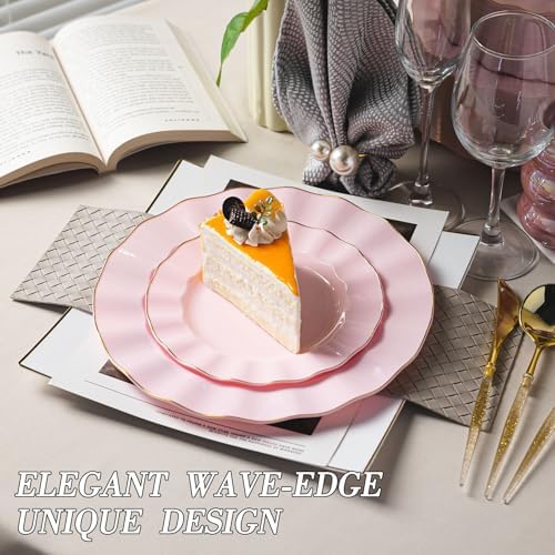 120PCS Pink Plastic Plates, Wavy Plates with Gold Rim - Image 3