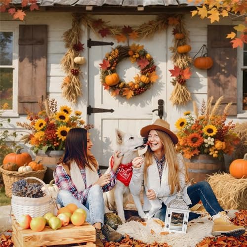 Fall Photo Backdrop 10x10ft Floral Rustic White Wood Door Thanksgiving Fall Backdrops for Photography Autumn Haystack Flowers Friendsgiving Background Party Decorations Photo Booth Props - Image 4