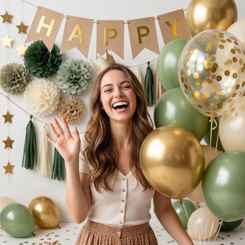 ANSOMO Sage Green Happy Birthday Party Decorations Retro Green Nude Ivory Dark Olive Kraft Paper Banner Balloons Neutral Rustic Boho Blush Safari Botanical Greenery Wild Décor Supplies Women Adults - Image 5