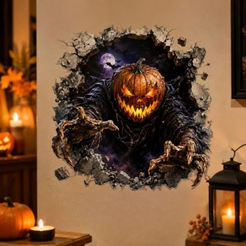 Halloween Pumpkin Man Wall Sticker Self Adhesive 3D Broken Wall Decal Scary Pumpkin Head Wall Decor Horror Wall Sticker for Living Room Bedroom Party Haunted House Indoor Seasonal Decor 1 Sheet - Image 5