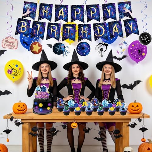 40Pcs Horror Birthday Party Decorations Blue Purple Theme Birthday Party Supplies Including Banner Hanging Swirls Balloons Backdrop Cake Toppers and Cupcake Toppers for Halloween Parties Decorations - Image 6