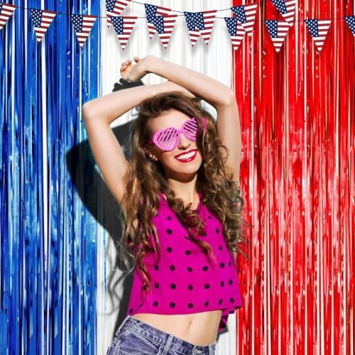 Voircoloria Red White Blue Foil Fringe Backdrop Curtains,3.3x8.2ft, 3 Pack - Image 7