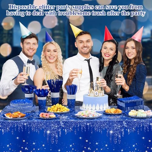 Funnymoom 452 Pcs Navy Blue Birthday Party Decoration Include Royal Blue Paper Plates Diamond Napkins Cups Tablecloth Cutlery Straws Tableware for Birthday Baby Shower Graduation Party Supplies - Image 5