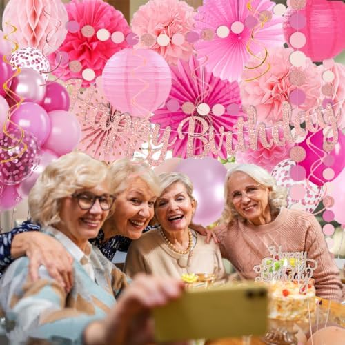 Hot Pink Boho Birthday Party Decorations - 62pcs Happy Birthday Banner, Pink Rustic Paper Lanterns, Streamers, Tissue Pom Poms, Rose Gold Blush Party Balloons, Birthday Decorations for Women Girl - Image 7