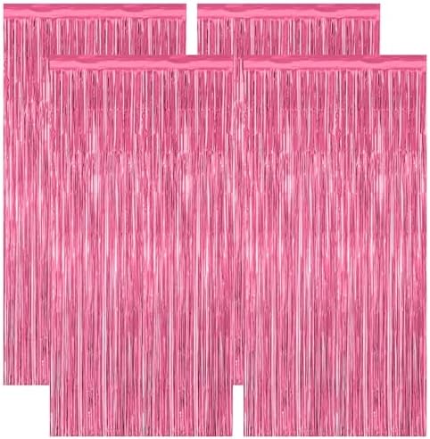 4 Pack Birthday Decorations, 3.28 FT x 7.05 FT Pink Backdrop, Metallic Happy Birthday Backdrop Fringe Curtains Party Streamer, Bachelorette Party Decorations Princes Birthday Valentines Party Decor by ZATAYE