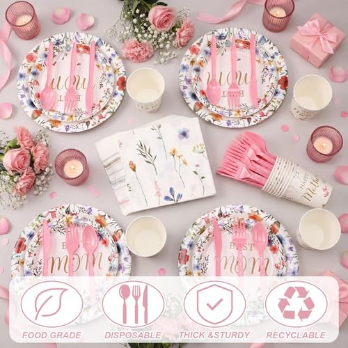 Yungyan 252 Pcs Mother's Day Wildflower Party Tableware Set Happy Mother's Day Floral Paper Plates Napkins Cups Forks Knives Cutlery for Party Decorations Supplies - Image 5