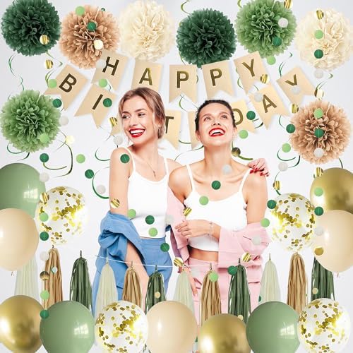 Green Birthday Party Decorations for Women Girls with Happy Birthday Banner,Tissue Paper Pompoms, Paper Tassel,Circle Garland,Hanging Swirl,Decorations Balloons for Party Decor (sage green) - Image 3