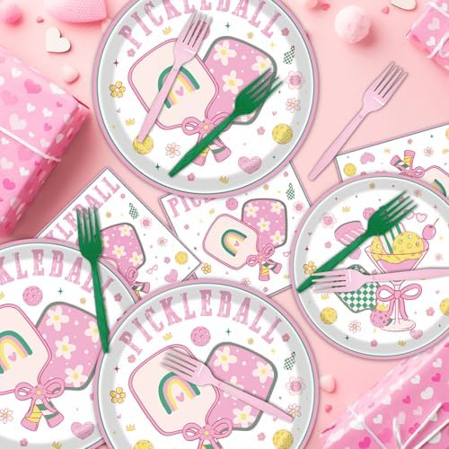 Pickleball Birthday Party Decorations Tableware, 96PCS Pickle Ball Disposable Pink Paper Plates and Napkins Decoration, Ball Theme Forks Decor Supplies Serve for 24 Guest - Image 5