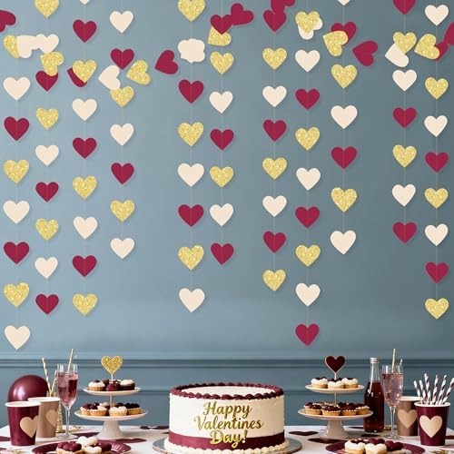 Maroon Gold Party Decorations Burgundy Beige Glitter Gold Paper Love Heart Hanging Banner Garland Streamer for Birthday Wedding Anniversary Engagement Valentines Day Graduation Garnet Party Supplies - Image 4