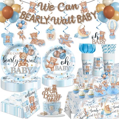216PCS Blue Baby Shower Decorations Serves 25, Boy Baby Shower Include Banner, Plates, Balloons, Cake Topper and Tablecloths, for Baby Boy Shower Decorations by Yingoto