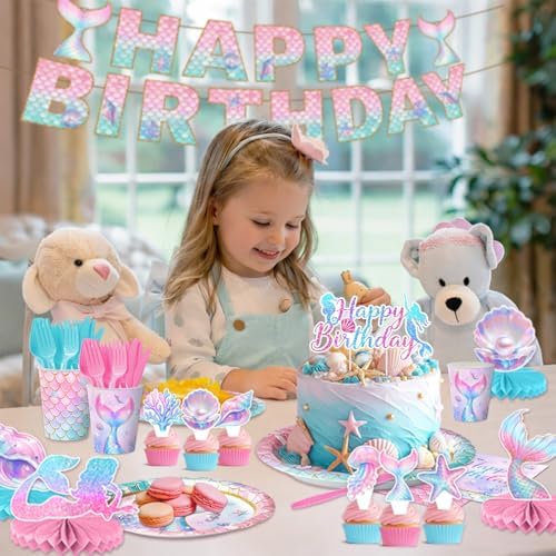 202 Pcs Mermaid Birthday Party Decorations (Serves 24), Mermaid Party Supplies Include Banner Hanging Plates Napkins Cups Forks Knifes Tablecloth Topper Balloons and Sash for Baby Shower - Image 7