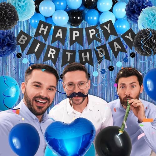 Blue and Black Happy Birthday Party Decorations kit for Boys Men Women with Happy Birthday Banner, Fringe Curtain,Foil Balloons,Cake Topper for birthday decor (blue black) - Image 7