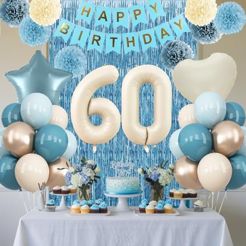 Dusty Blue 60th Birthday Party Decorations Men Beige Number 60 Balloon - Image 2