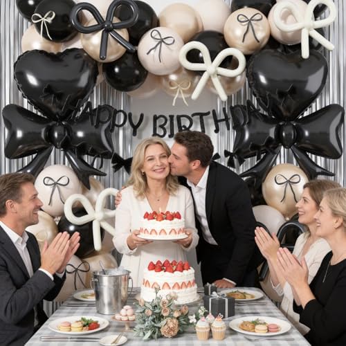 Black Bow Birthday Party Decorations, Coquette Bow Black Sand White Beige Balloons with Bows Decor Happy Birthday Banner Fringe Curtain for Women Girls Bows Theme Bachelorette Baby Shower Party - Image 5
