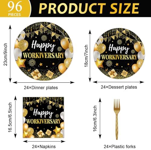 Justforjoyful 96Pcs Happy Work Anniversary Party Supplies Black Gold Happy Workiversary Tableware Dinnerware Set Worker Appreciation Plates Napkins Decorations for Women Men Office Employee Worker - Image 2
