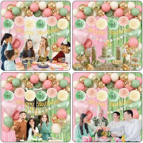 Jobkoo Sage Green Pink Birthday Decorations, Blush Pink Olive Green Gold Sand White Latex Confetti Balloons Boho Happy Birthday Banner Fringe Curtain Pompom for Women Girls Woodland Fairy Party Decor - Image 6