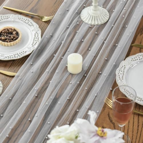 Artoid Mode Pearl Grey Gauze Table Runner 59x120 Inch , Seasonal Sheer Kitchen Dining Holiday Wedding Birthday Baby Shower Table Decor for Home Party - Image 4