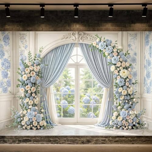 15X10ft Light Blue Floral Wedding Backdrop Luxury Palace Window Elegant Rose Arch Photography Background Blue Flower Birthday Baby Shower Bridal Party Portrait Photo Booth Props - Image 6