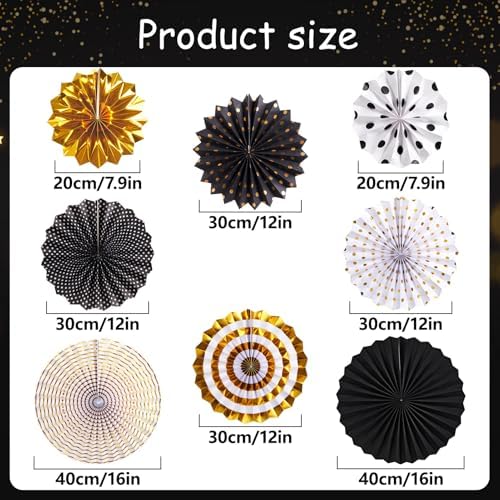 Black and Gold Decorations, Hanging Honeycomb Paper Pompoms Fan for Graduation Birthday Wedding Photo Backdrop Prom Night New Years Black and Gold Party Decorations, Set of 8 - Image 2