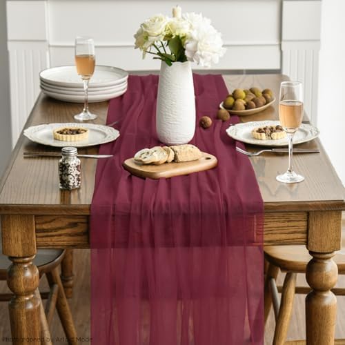 Artoid Mode 6PCS Burgundy Gauze Table Runner 120 Inch 10FT, Seasonal Sheer Kitchen Dining Holiday Wedding Birthday Baby Shower Table Decor for Home Party - Image 3
