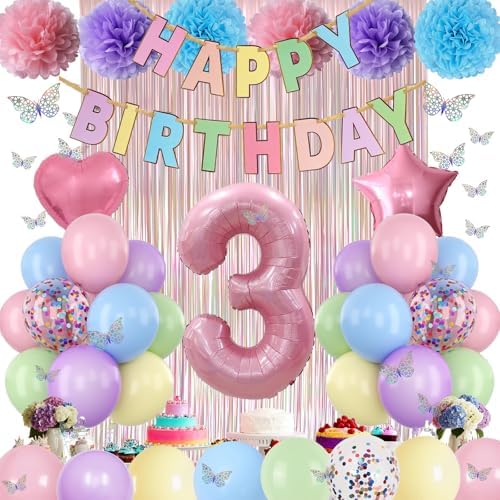 Pastel 3rd Birthday Colorful Party Decorations Girls Pink Number 3 Balloon - Image 5