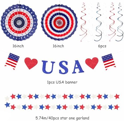 Red-White Blue Memorial-Day Patriotic Decorations - 21pcs 4th Fourth of July Americana Banner Garland,Independence Party Decor Paper Streamers Lanterns,Flower Tissue Pom Poms Fan Supplies Huglony - Image 7