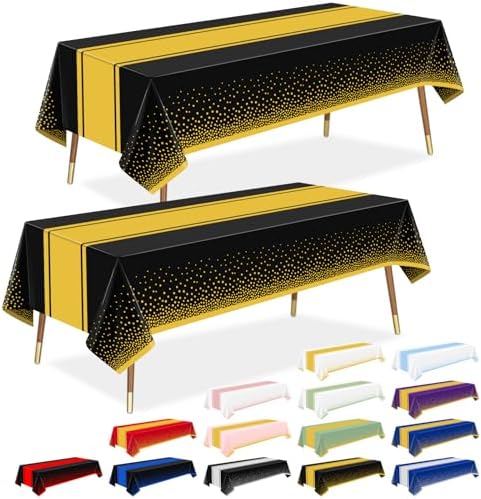 LANLISA Black and Gold Tablecloth Party Decorations 2 Pack, Disposable Table Cloths for Graduation Birthday Retirement Anniversary Party Decor by LANLISA