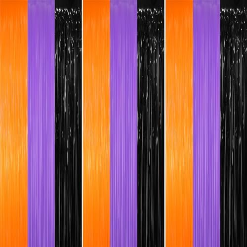 GOER 3.2 ft x 8.2 ft Metallic Tinsel Foil Fringe Party Backdrop for Halloween Birthday Graduation New Year's Party Decorations(3 Packs,Black&Orange&Purple) by GOER
